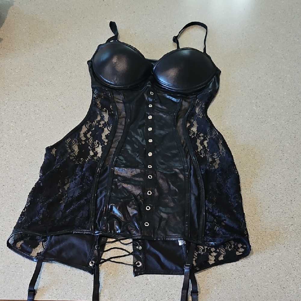 Black Lace and  Faux Leather  Bustier